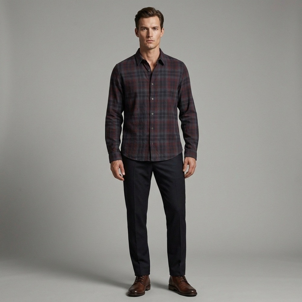 Vince Mens Plaid Long Sleeve Button Down Shirt XL‎ Cotton Burgundy Charcoal